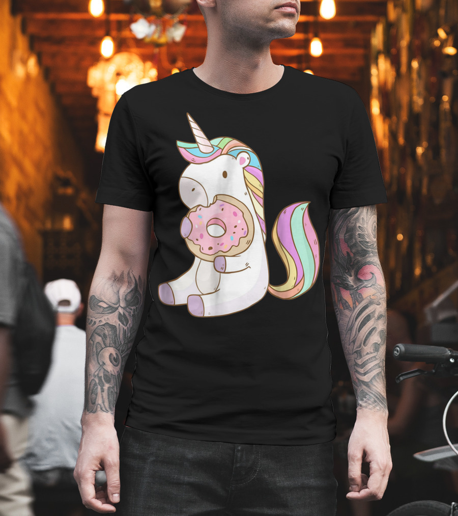 Cute Hungry Unicorn Enjoying a Delicious Donut with Sprinkles T-Shirt
