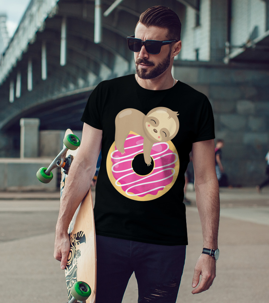 Baby Sloth Sleeping On Pink Frosted Donut T-Shirt