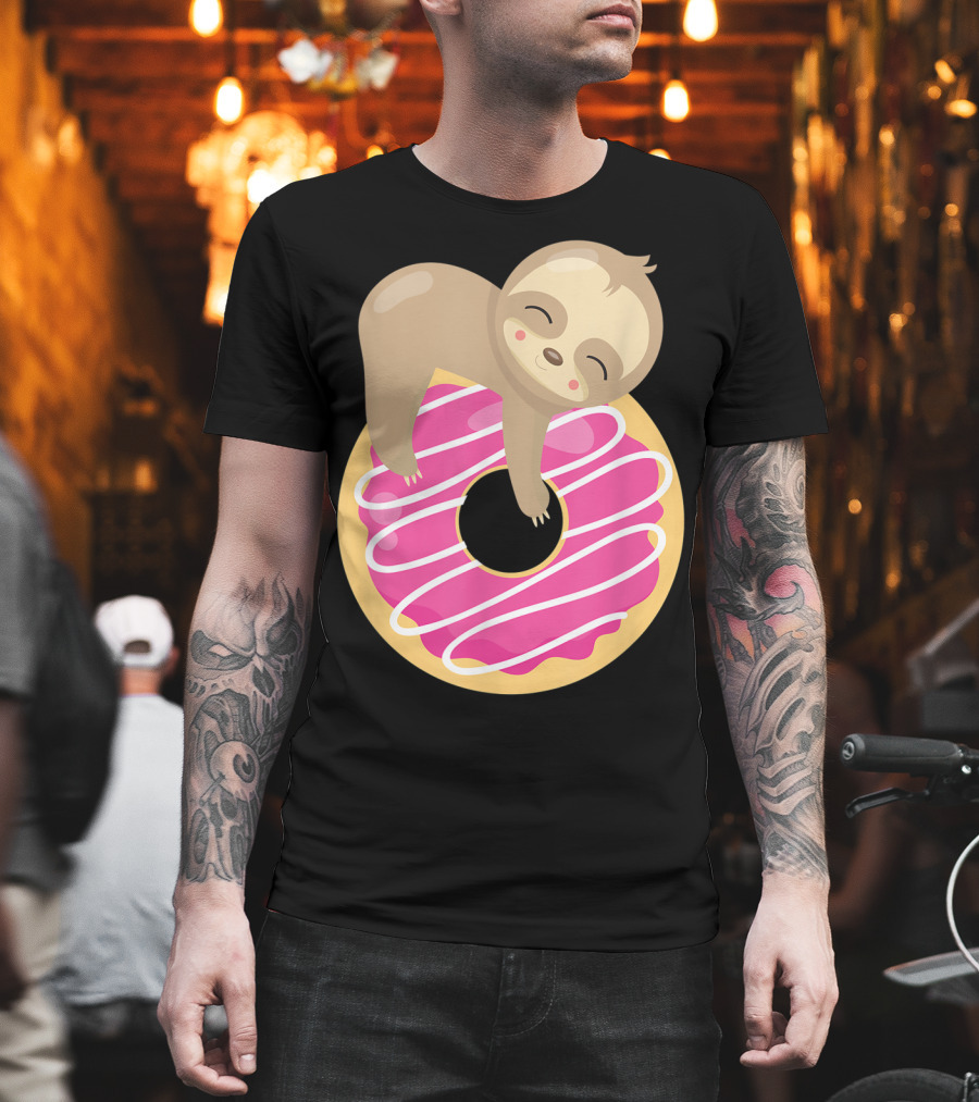 Baby Sloth Sleeping on Pink Frosted Donut T-Shirt