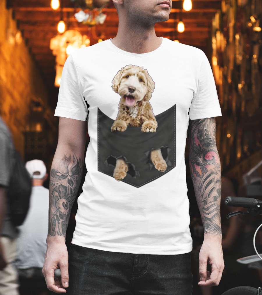Dog in Your Pocket Labradoodle Peeking Out Pawing Through Black Pocket T-Shirt