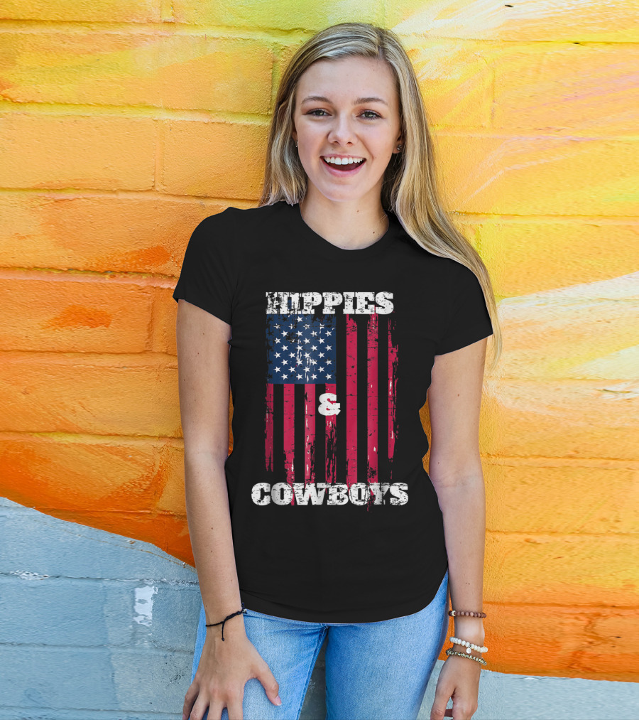 Hippies Cowboys And American Flag Distressed Look T-Shirt