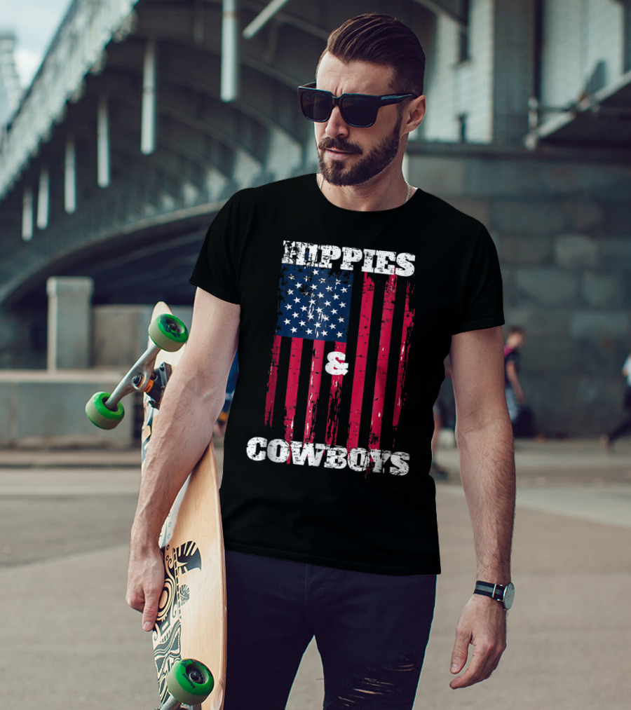 Hippies Cowboys And American Flag Distressed Look T-Shirt