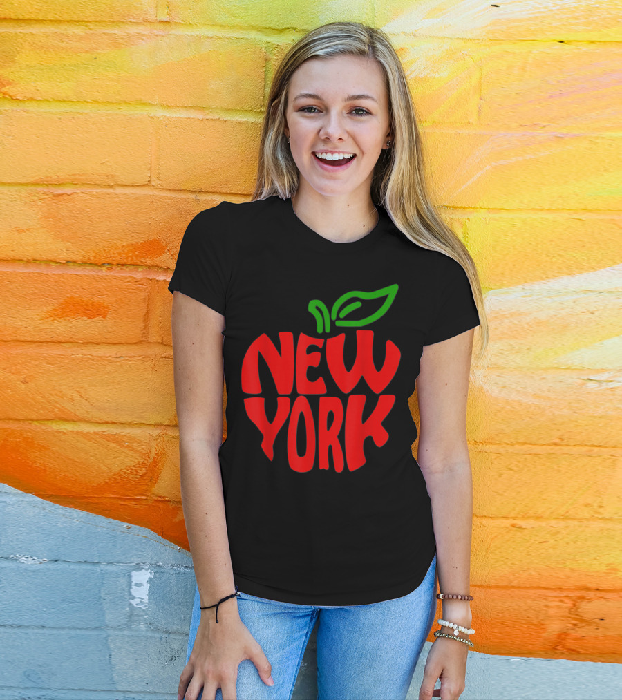 New York Big Apple Red Typography With Green Leaf T-Shirt