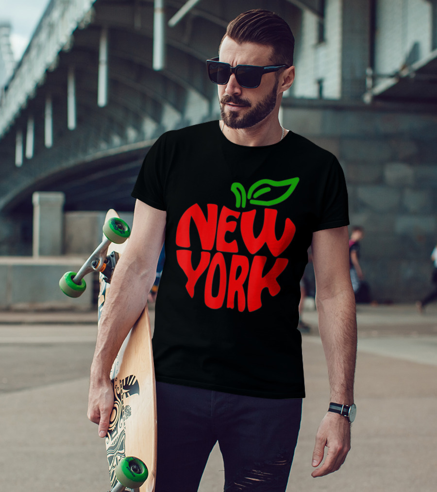 New York Big Apple Red Typography With Green Leaf T-Shirt