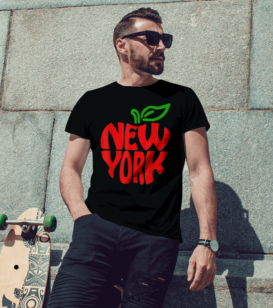 New York Big Apple Red Typography With Green Leaf T-Shirt