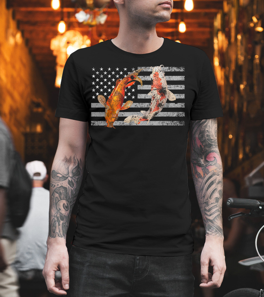 USA Flag with Japanese Koi Fish and Koi Carp T-Shirt