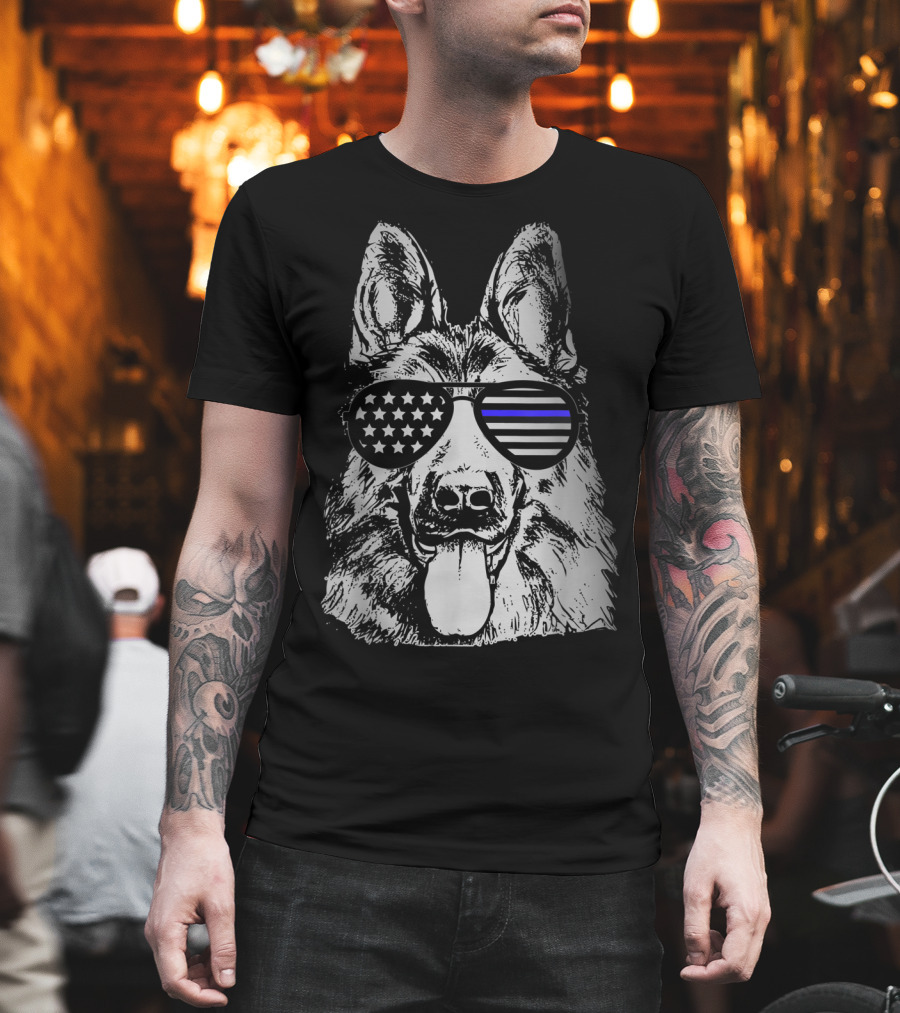 K9 Police Officer Thin Blue Line Police Dog Sunglasses Patriotic T-Shirt