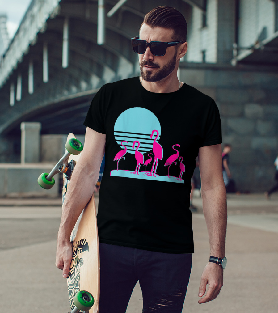 Flamingos Aesthetic Vaporwave 1980s Sunset Sundown Retro Synthwave T-Shirt