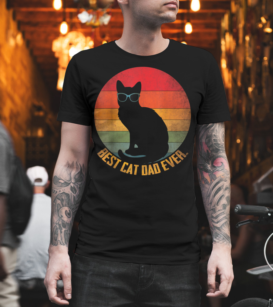 Vintage Sunset Best Cat Dad Ever Silhouette with Sunglasses T-Shirt