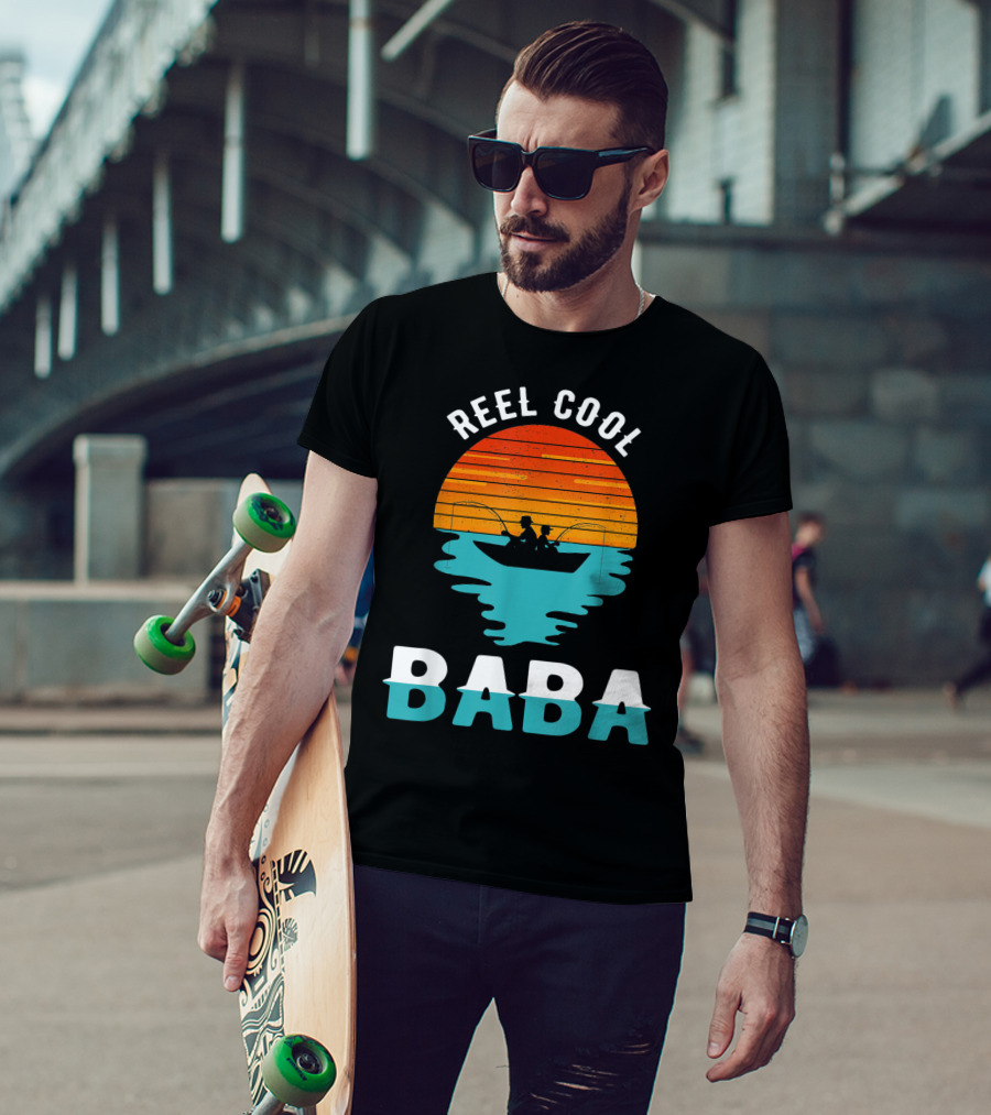 Reel Cool Baba Father's Day Fishing Silhouette Sunset T-Shirt