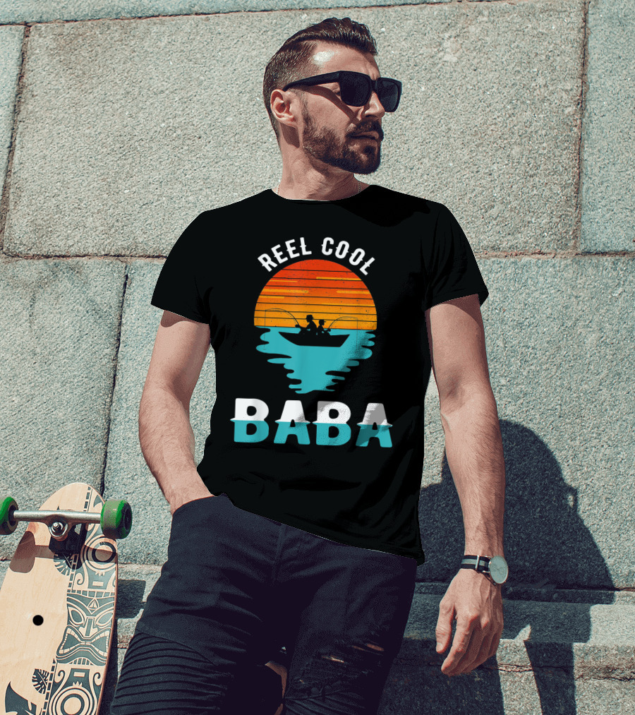 Reel Cool Baba Father's Day Fishing Silhouette Sunset T-Shirt