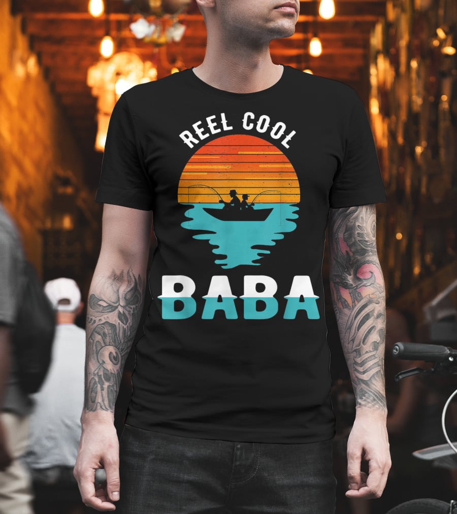 Reel Cool Baba Father's Day Fishing Silhouette Sunset T-Shirt