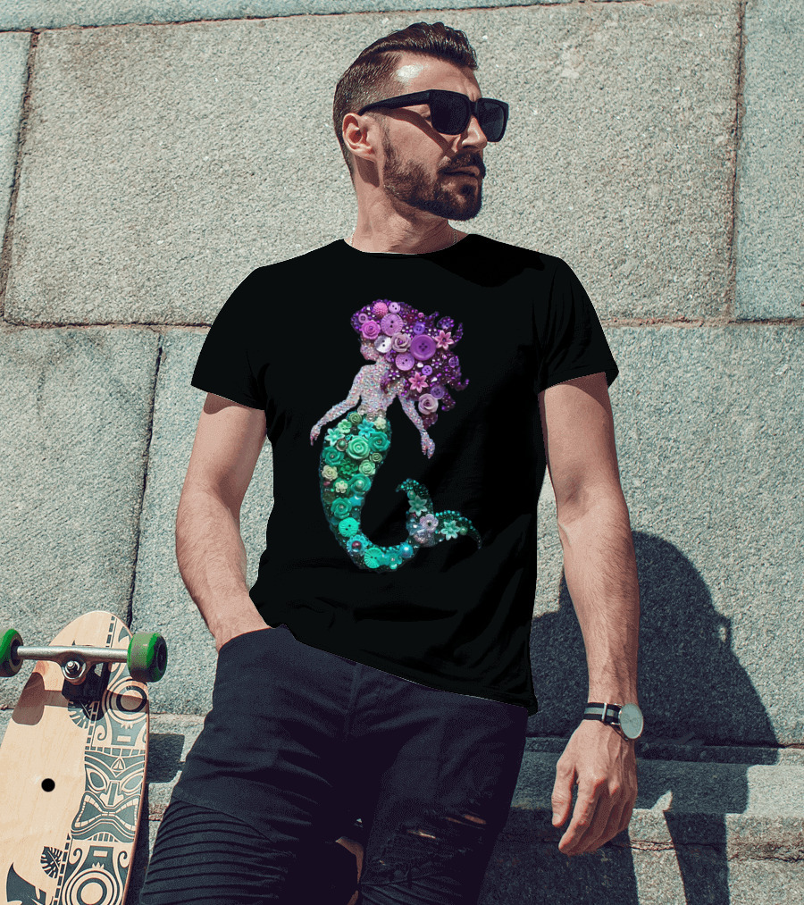 Flower Mermaid Purple Green Buttons T-Shirt