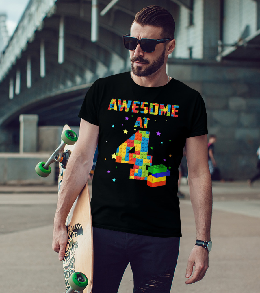AWESOME AT 4 Building Blocks Kids Birthday T-Shirt