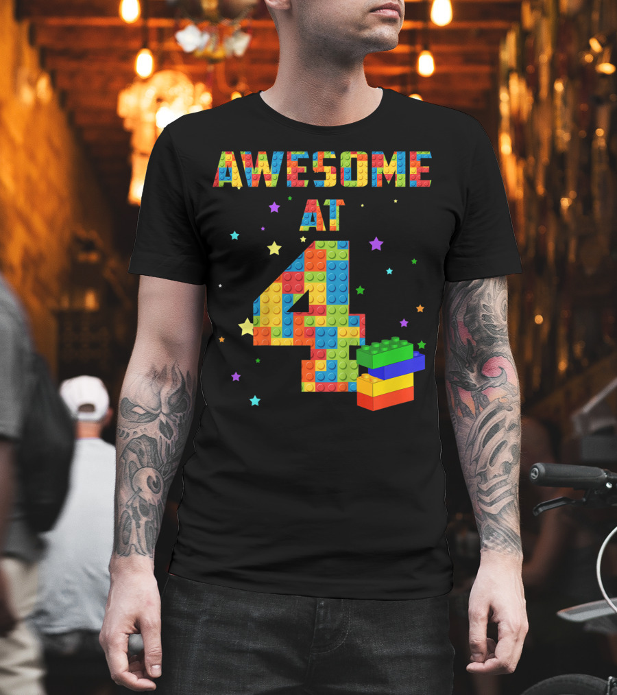 AWESOME AT 4 Building Blocks Kids Birthday T-Shirt