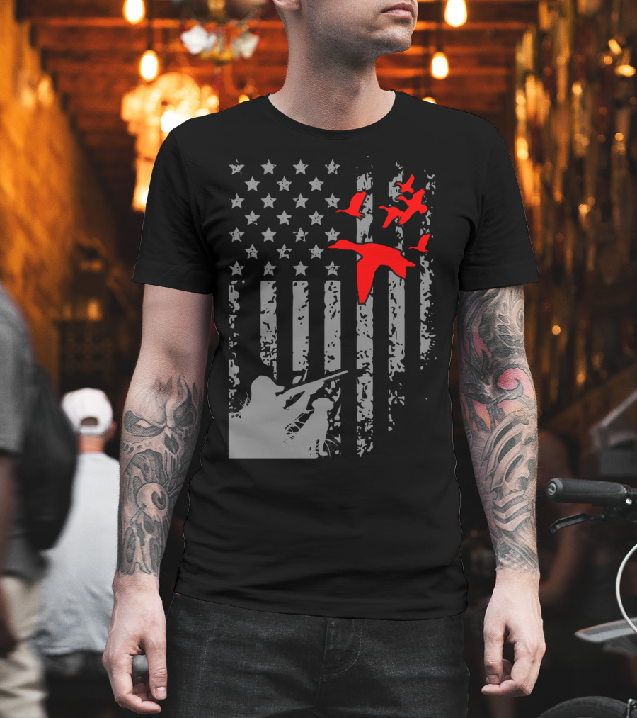 American Flag Waterfowl Hunting with Patriotic Duck T-Shirt