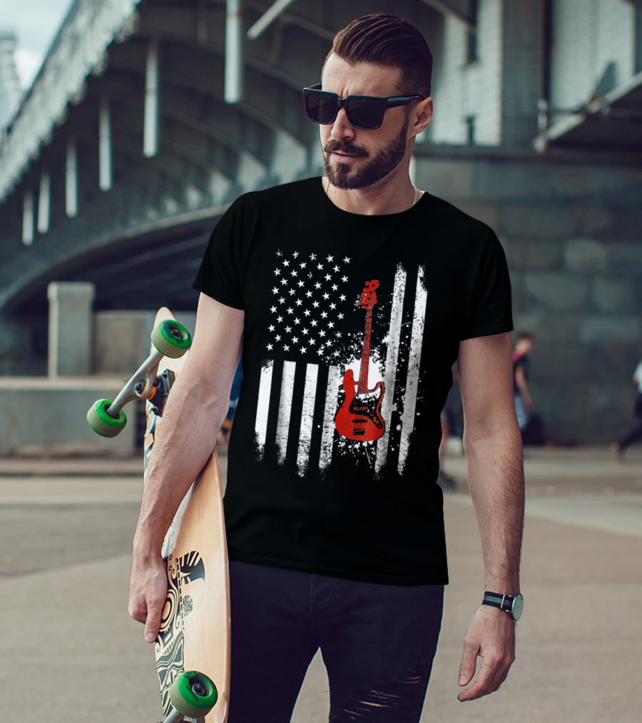 Bass Guitar Red White Stars Stripes American Flag T-Shirt