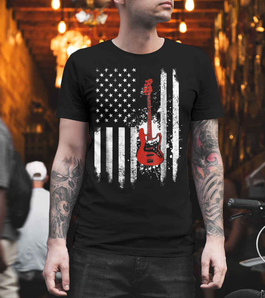 Bass Guitar Red White Stars Stripes American Flag T-Shirt
