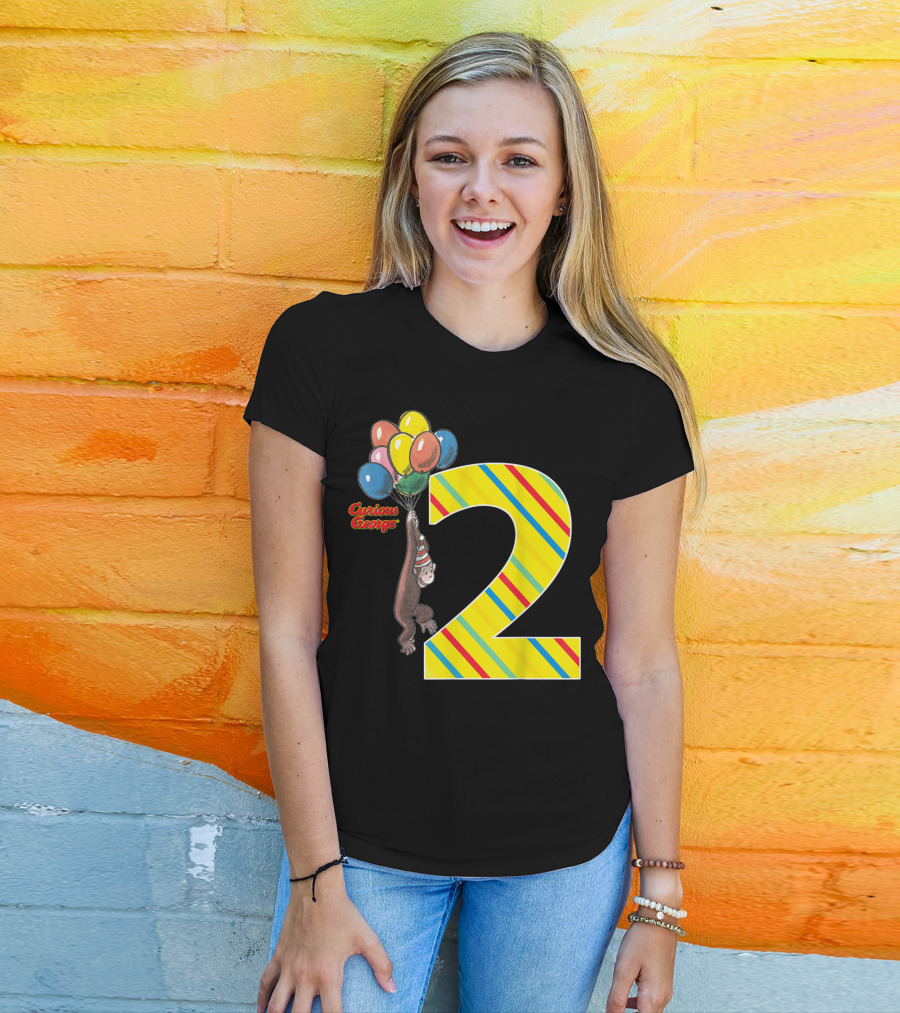 Curious George Holding Balloons Next To Colorful Striped Number 2 For Second Birthday T-Shirt