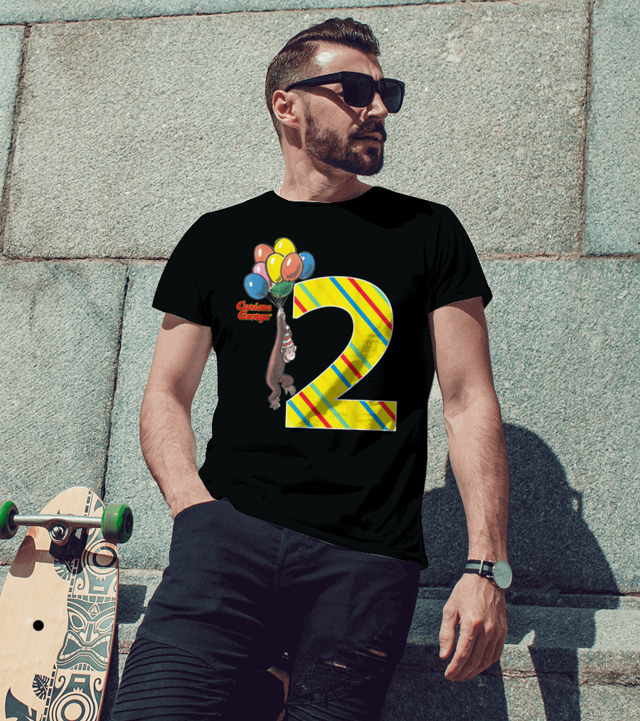 Curious George Holding Balloons Next To Colorful Striped Number 2 For Second Birthday T-Shirt
