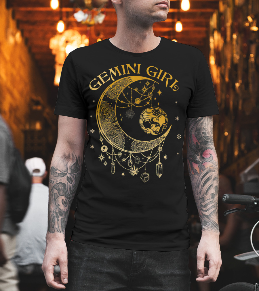 Gemini Girl Zodiac Henna Moon with Crystals and Stars T-Shirt