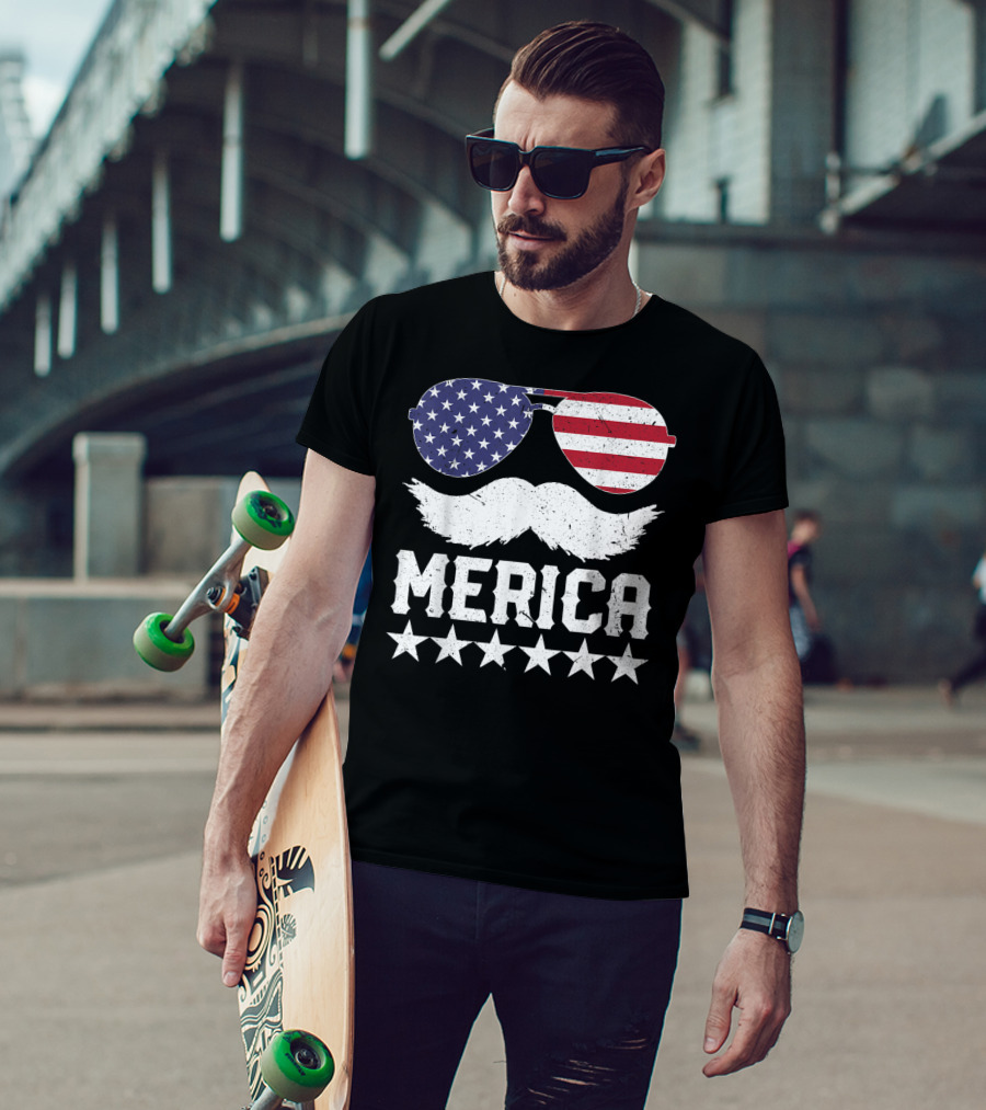 MERICA USA Flag Mustache Sunglasses Stars Independence Day T-Shirt
