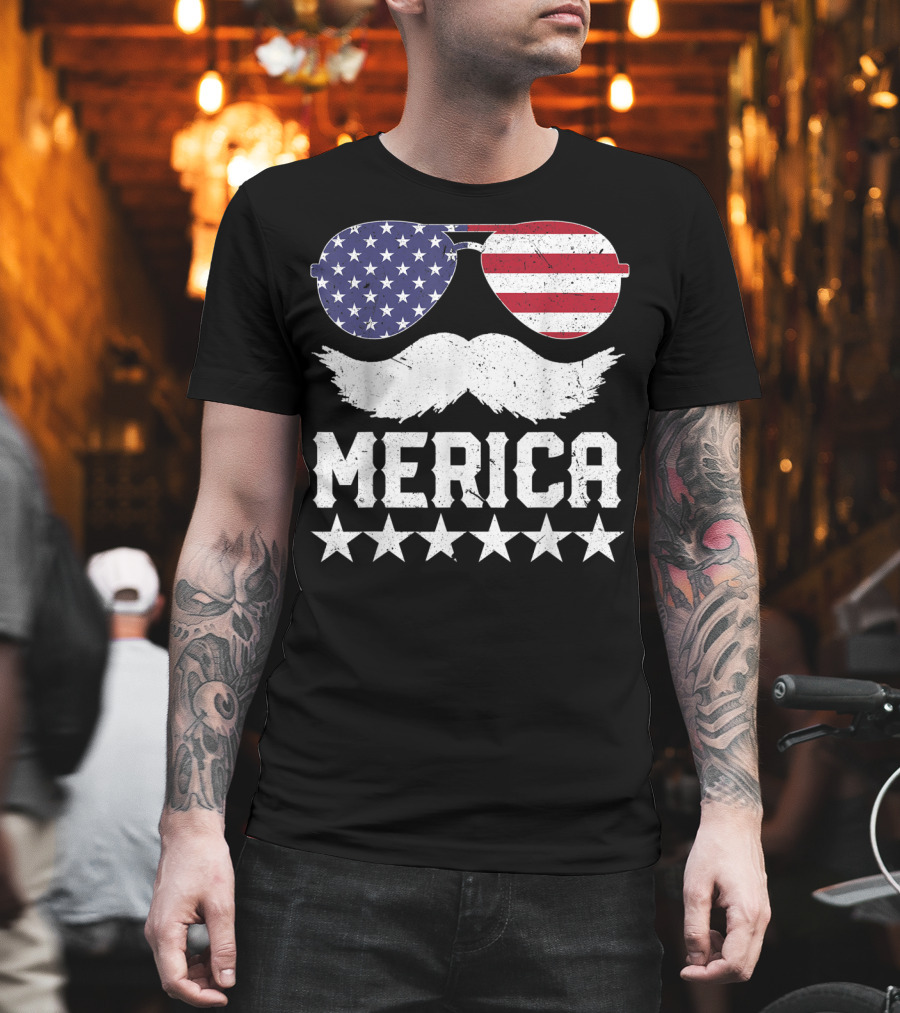 MERICA USA Flag Mustache Sunglasses Stars Independence Day T-Shirt