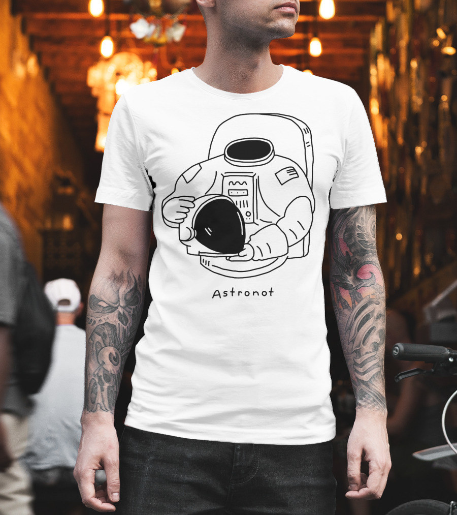 Astronot Spacesuit Holding Helmet with American Flag Patch T-Shirt