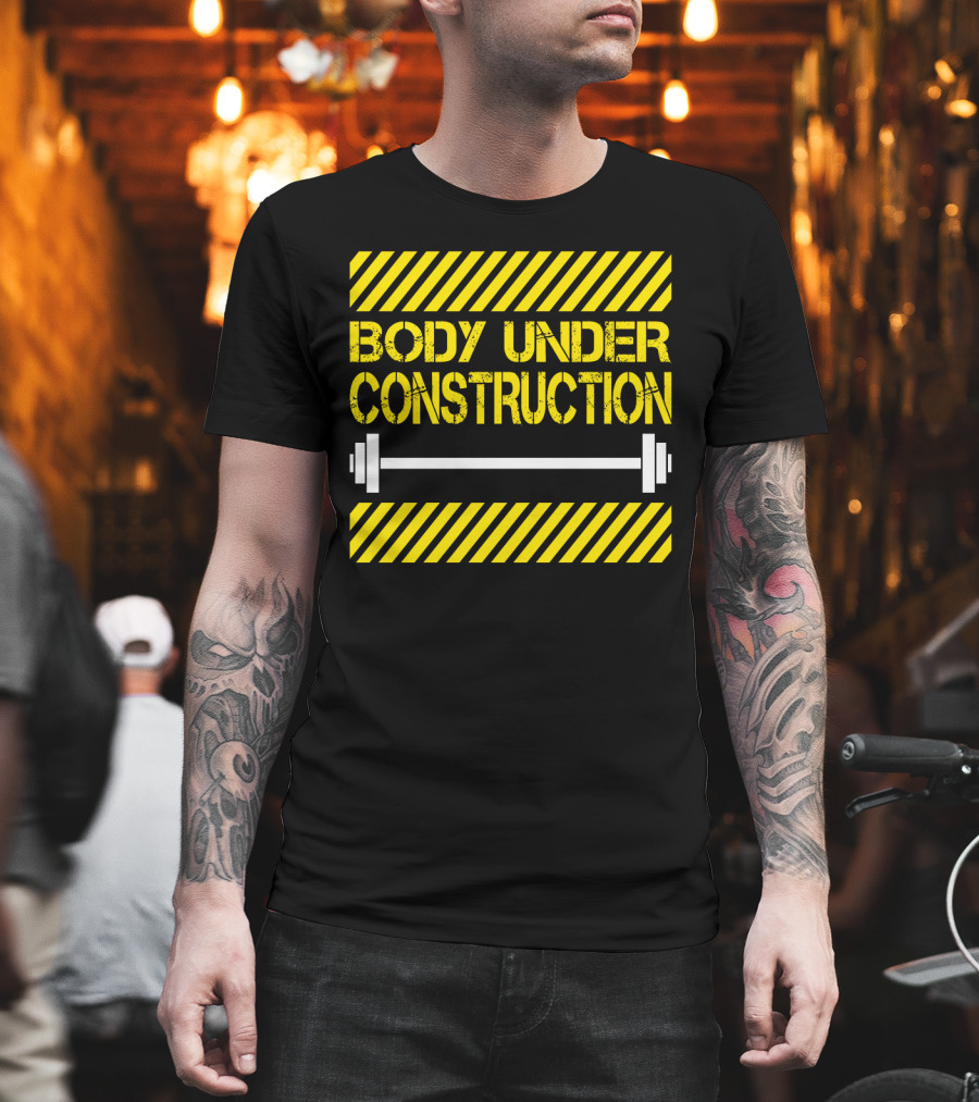 Body Under Construction Yellow Stripes Weightlifting Barbell T-Shirt