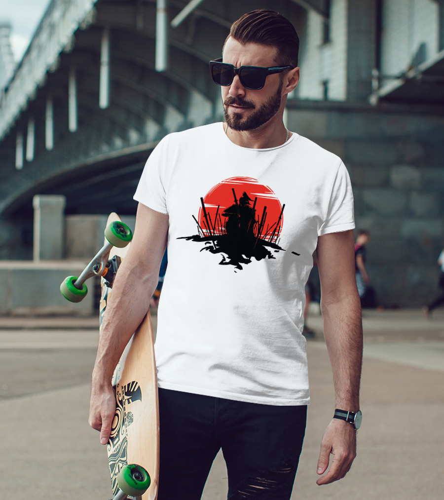 The End Of The Battle Samurai Silhouette Against Red Sun Rising T-Shirt