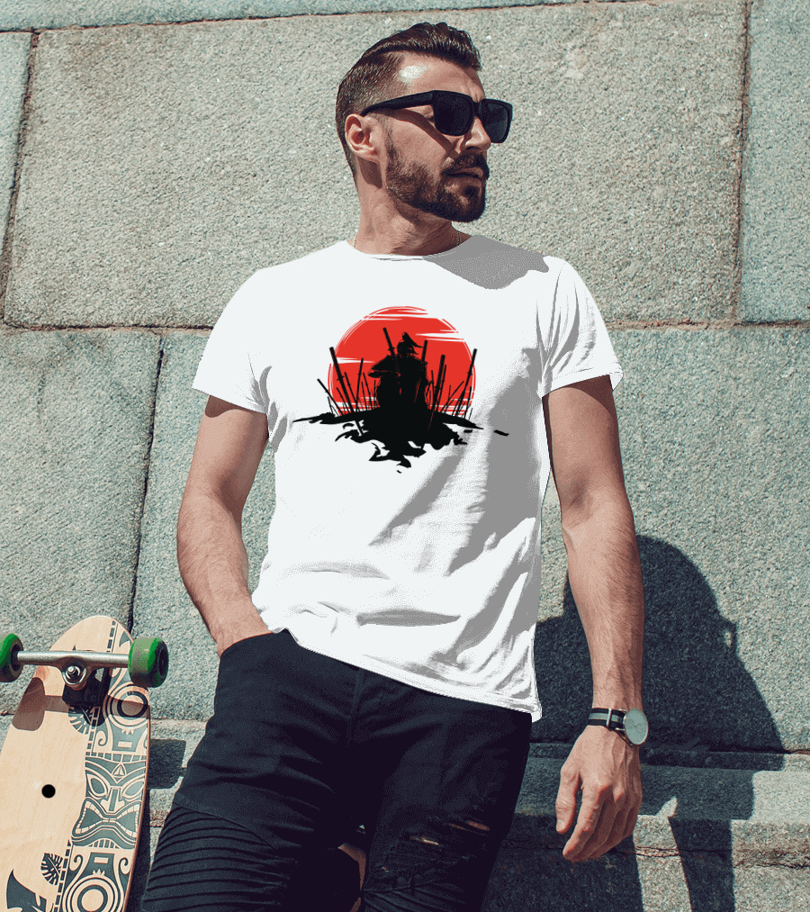 The End Of The Battle Samurai Silhouette Against Red Sun Rising T-Shirt
