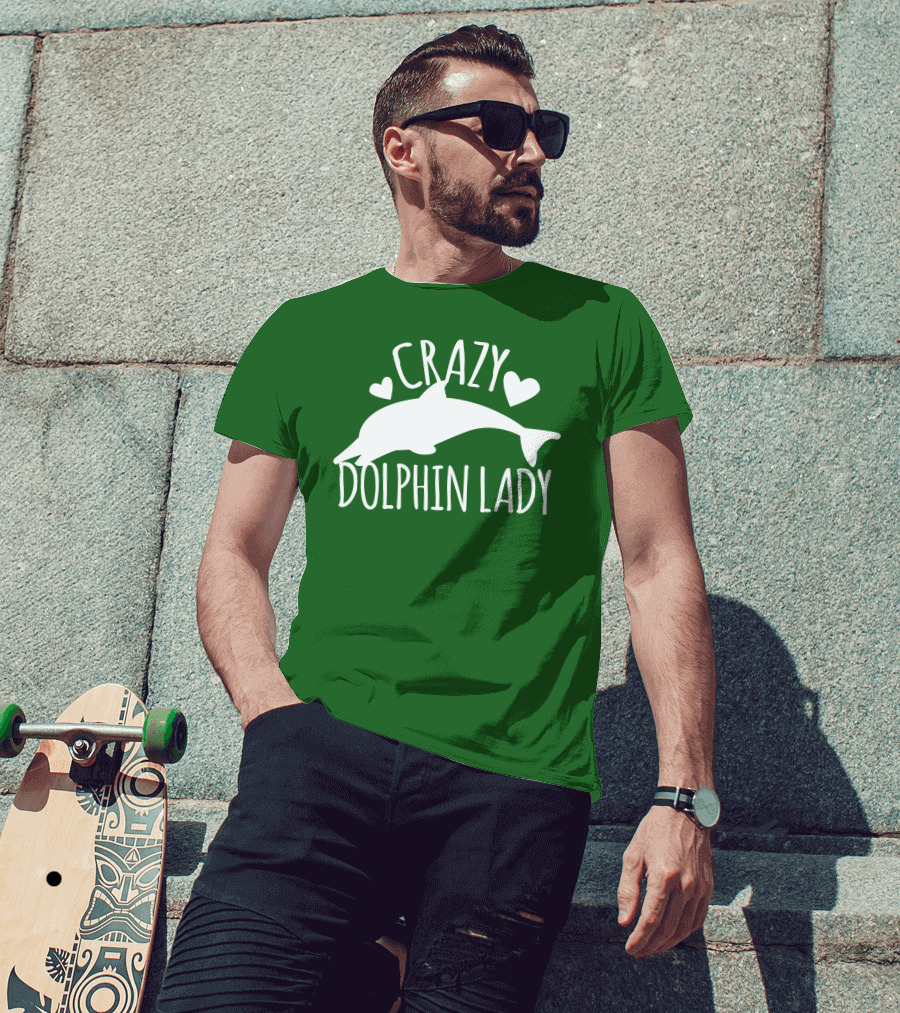 CRAZY DOLPHIN LADY Hearts And Dolphin Silhouette On Green T-Shirt