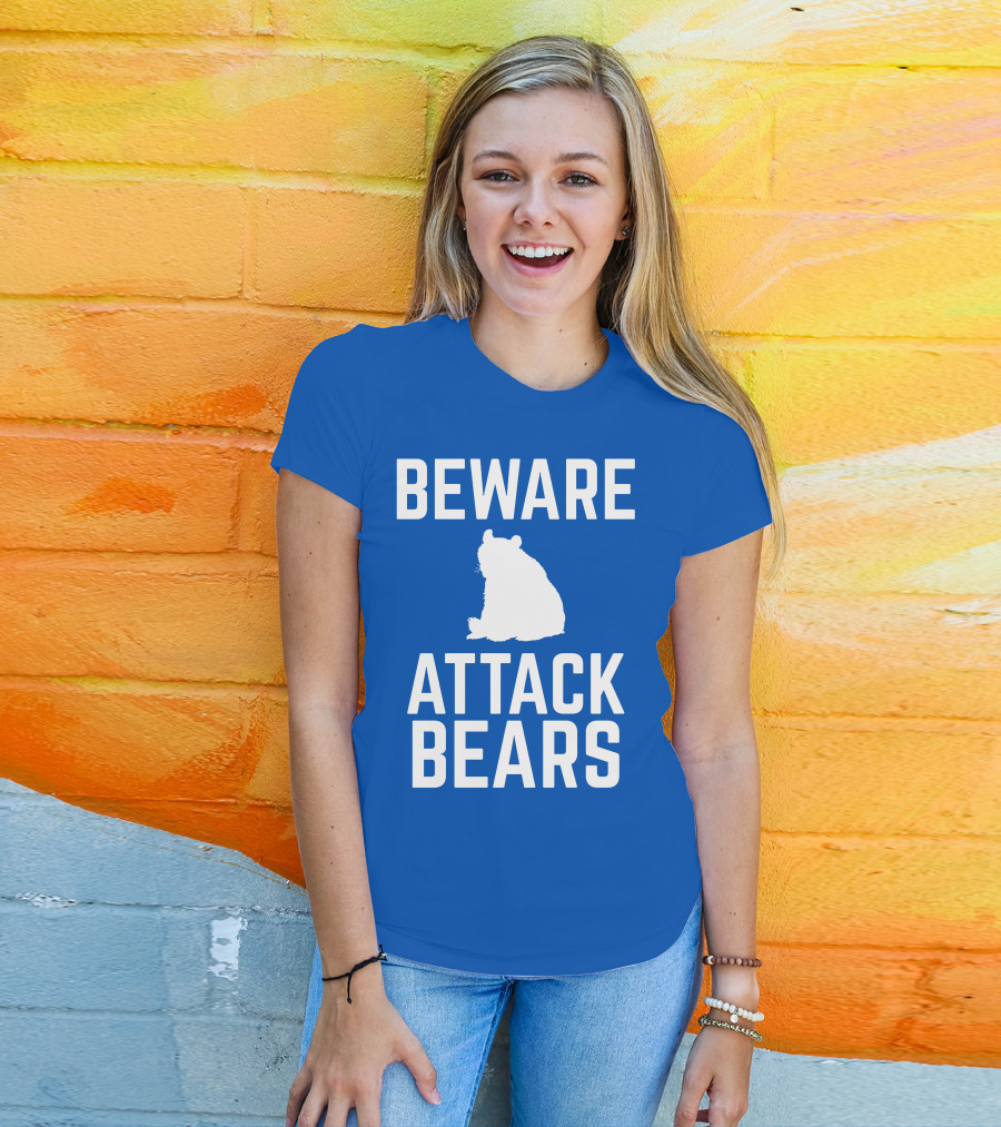 BEWARE ATTACK BEARS Silhouette Blue Background T-Shirt