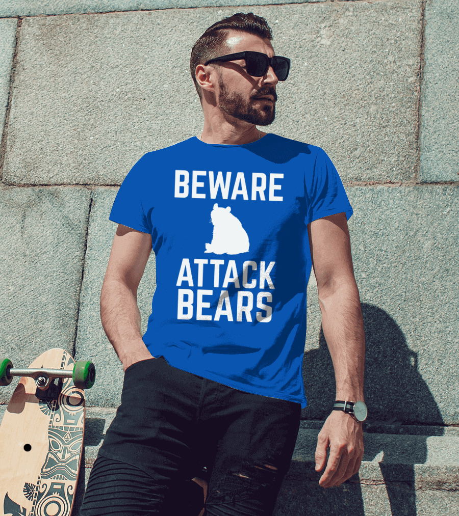 BEWARE ATTACK BEARS Silhouette Blue Background T-Shirt
