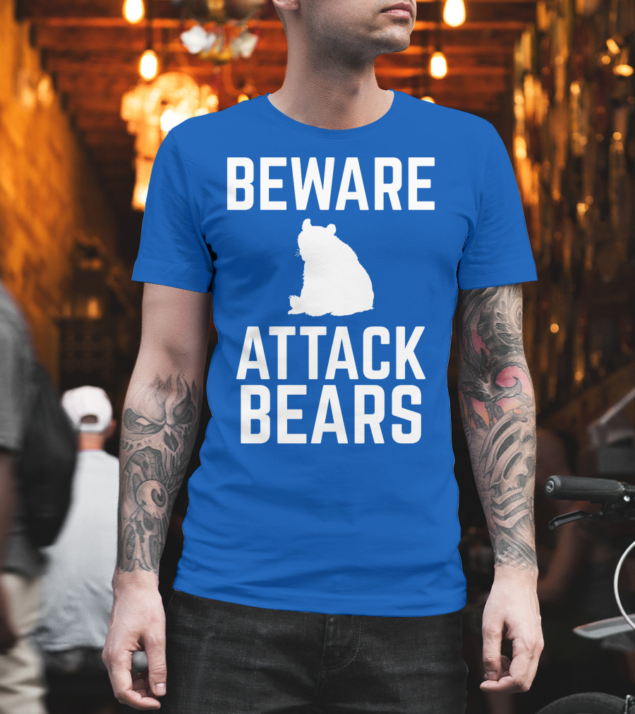 BEWARE ATTACK BEARS Silhouette Blue Background T-Shirt