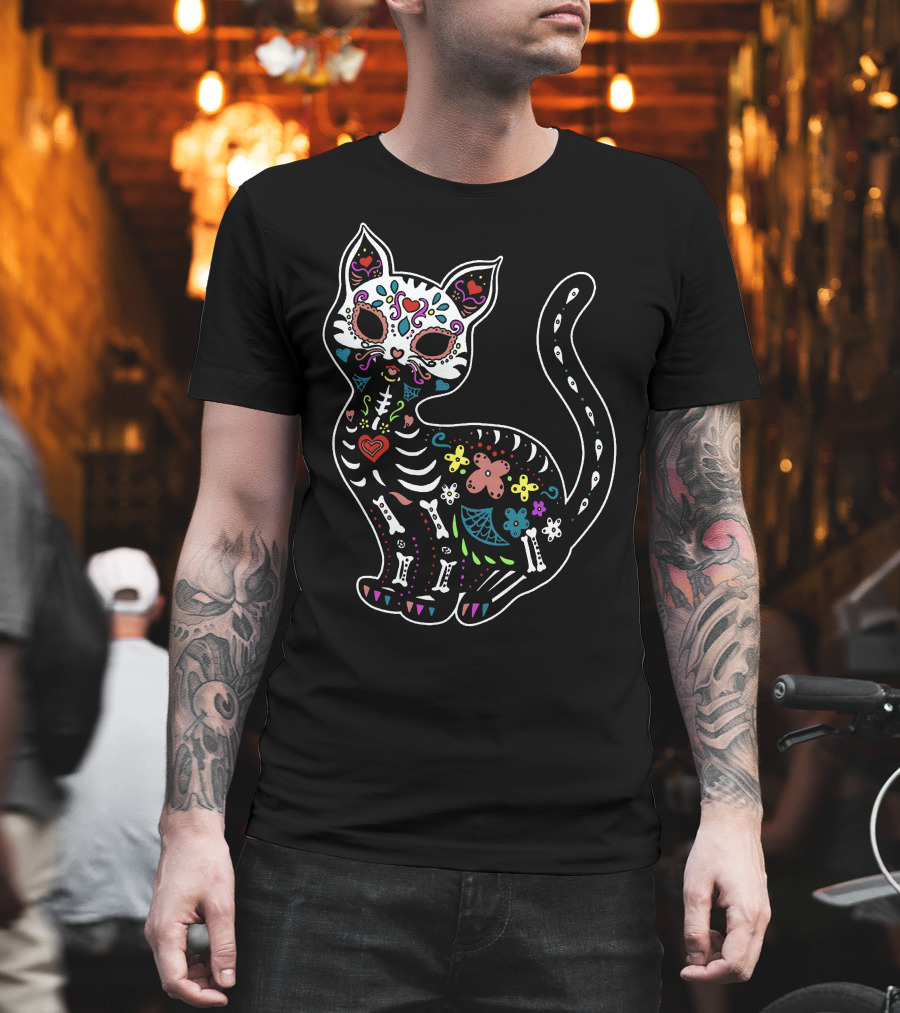 Calavera Cat Dia de los Muertos Sugar Skull Colorful Skeleton Decor T-Shirt