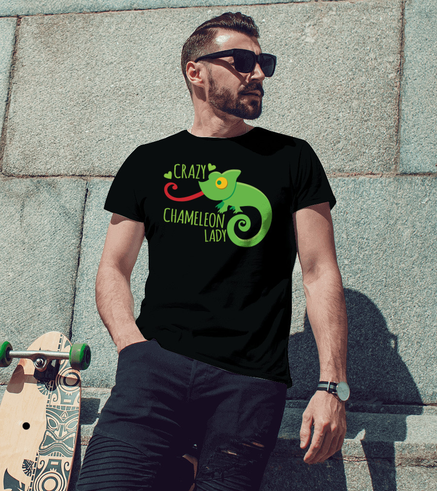 CRAZY CHAMELEON LADY Green Cartoon With Hearts T-Shirt