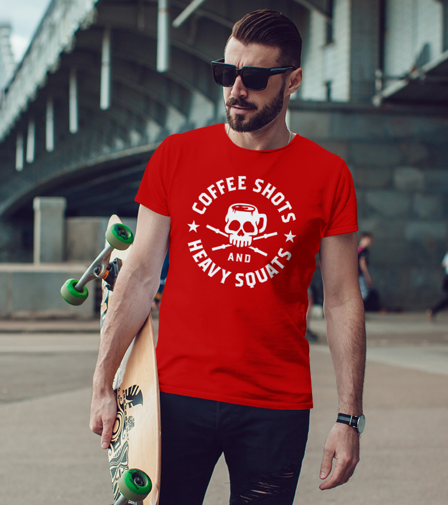 Coffee Shots And Heavy Squats Skull Mug And Barbells T-Shirt