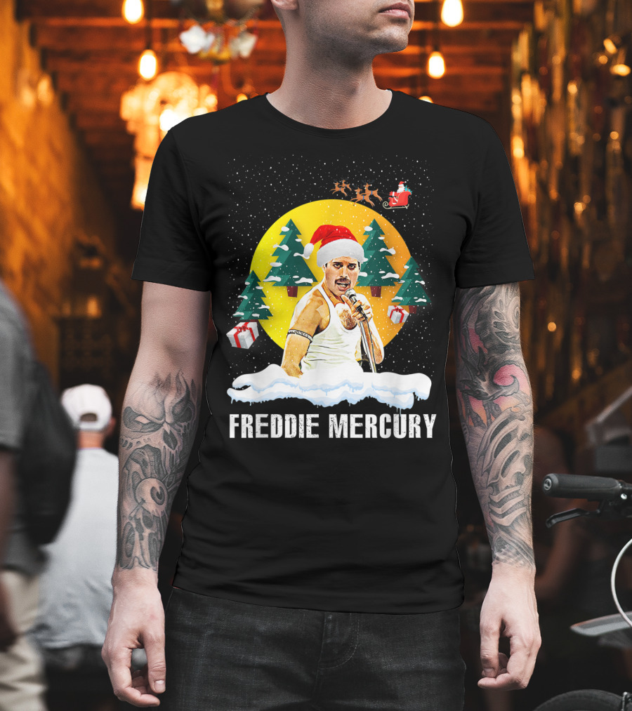 All I Want For Christmas Is Freddie Mercury Santa Festive Trees and Gifts T-Shirt