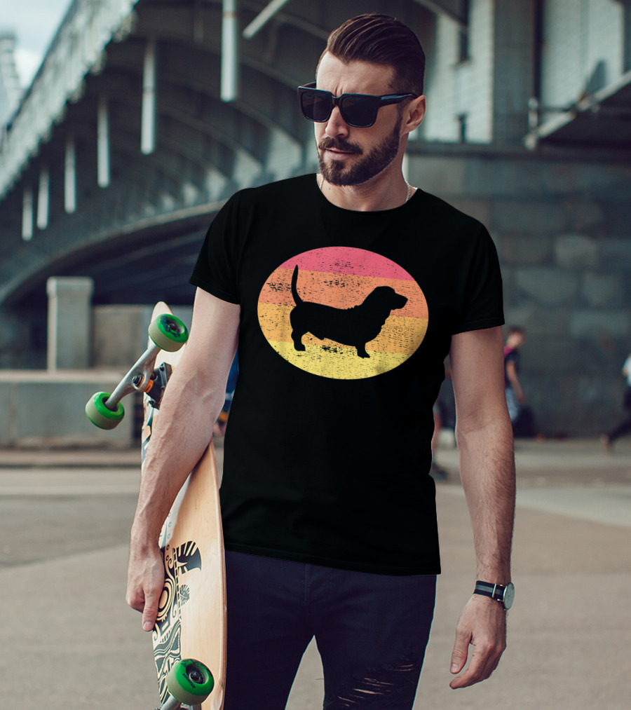Basset Hound Silhouette Retro Vintage Dog Sunset Oval T-Shirt