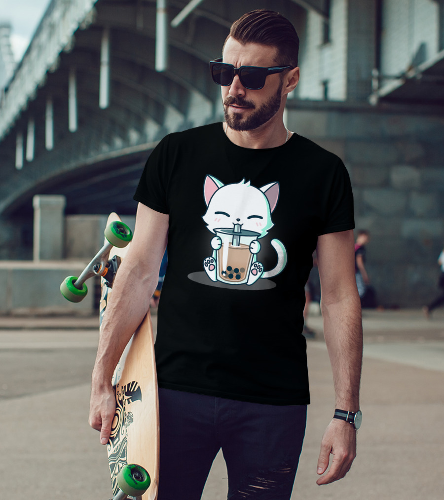 Kawaii Boba Cat Happy Kitten Drinking Bubble Tea Mood T-Shirt