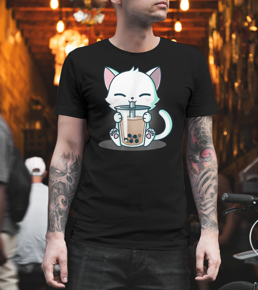 Kawaii Boba Cat Happy Kitten Drinking Bubble Tea Mood T-Shirt