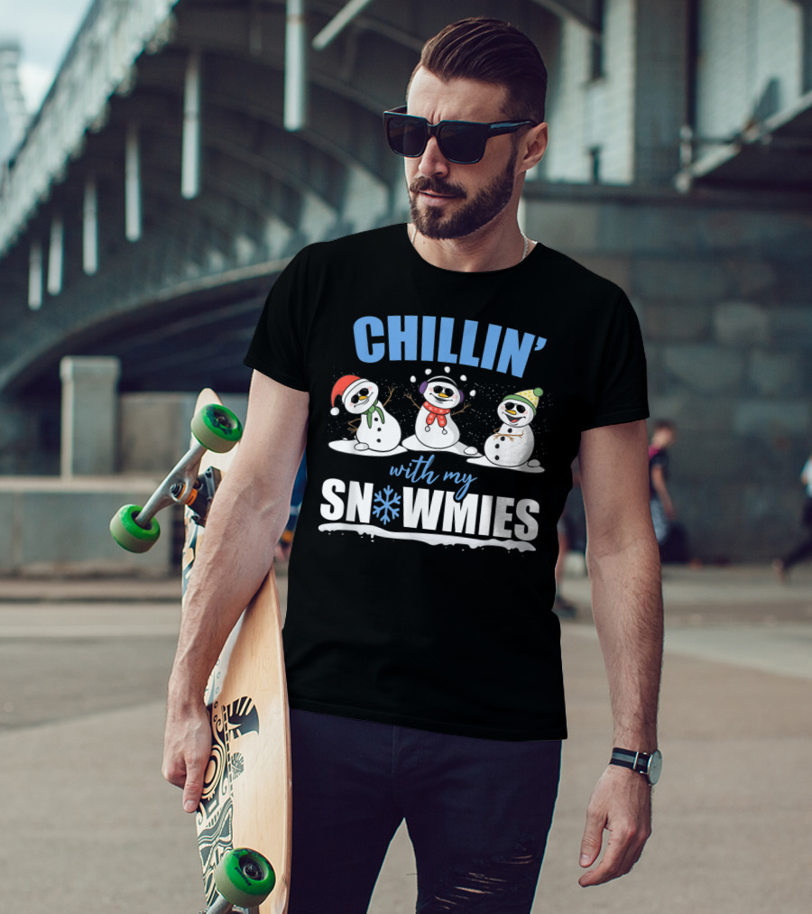 Chillin' With My Snowmies Christmas Snowman Trio In Santa Hats And Scarves T-Shirt