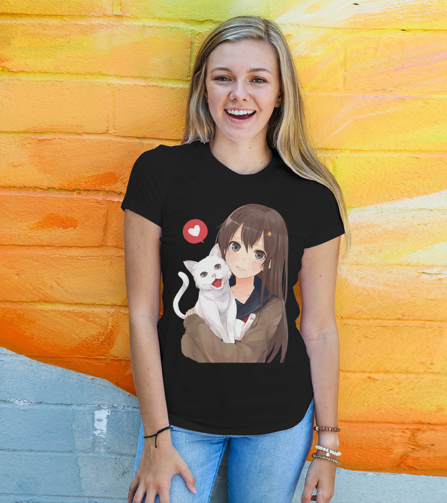 Cute Anime Girl With Adorable White Kitty Cat And Heart T-Shirt