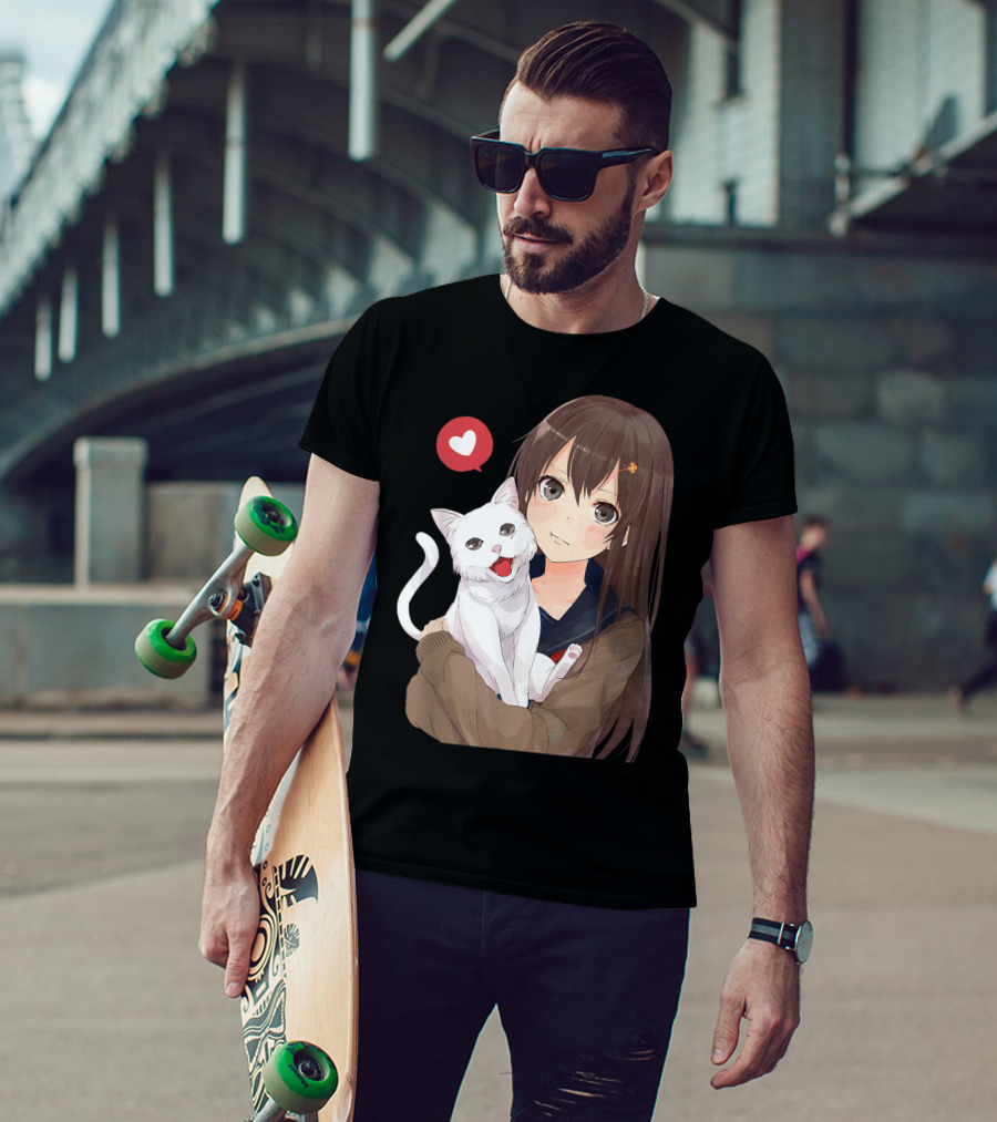 Cute Anime Girl With Adorable White Kitty Cat And Heart T-Shirt