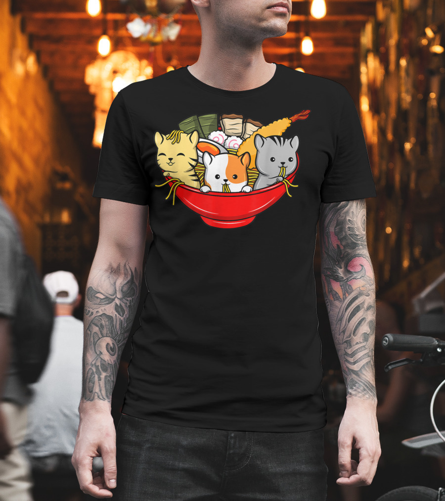 Kawaii Cat Trio In Ramen Bowl With Japanese Anime Style Meal T-Shirt