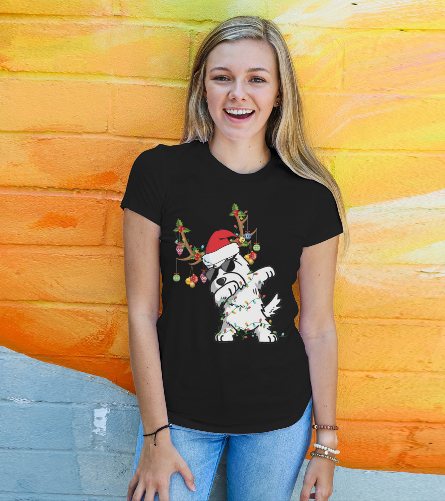 Dabbing Westie Dog Christmas Lights Santa Hat Reindeer Antlers Ornaments T-Shirt