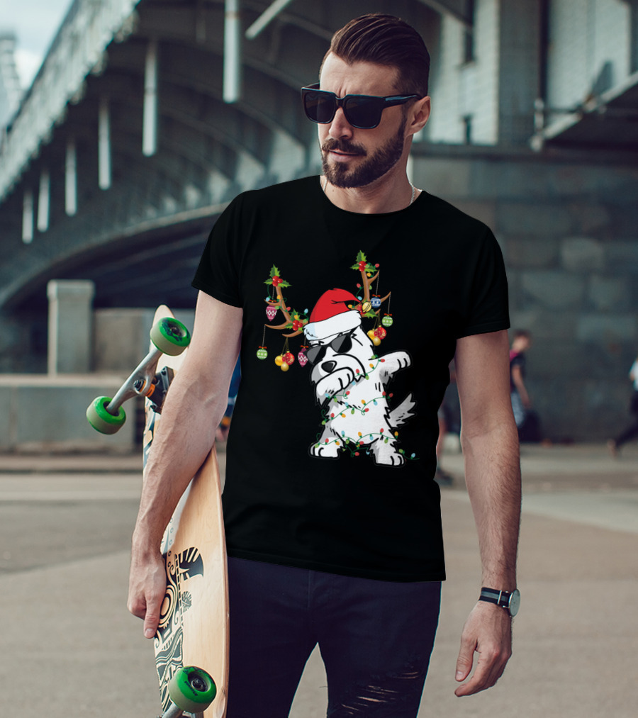 Dabbing Westie Dog Christmas Lights Santa Hat Reindeer Antlers Ornaments T-Shirt