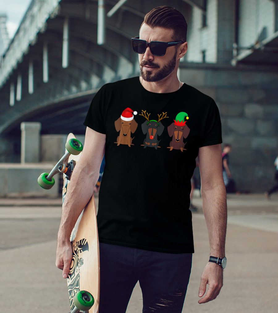 Dachshund Christmas Mom Women Weiner Dog With Santa Hat Reindeer Antlers Elf Hat T-Shirt