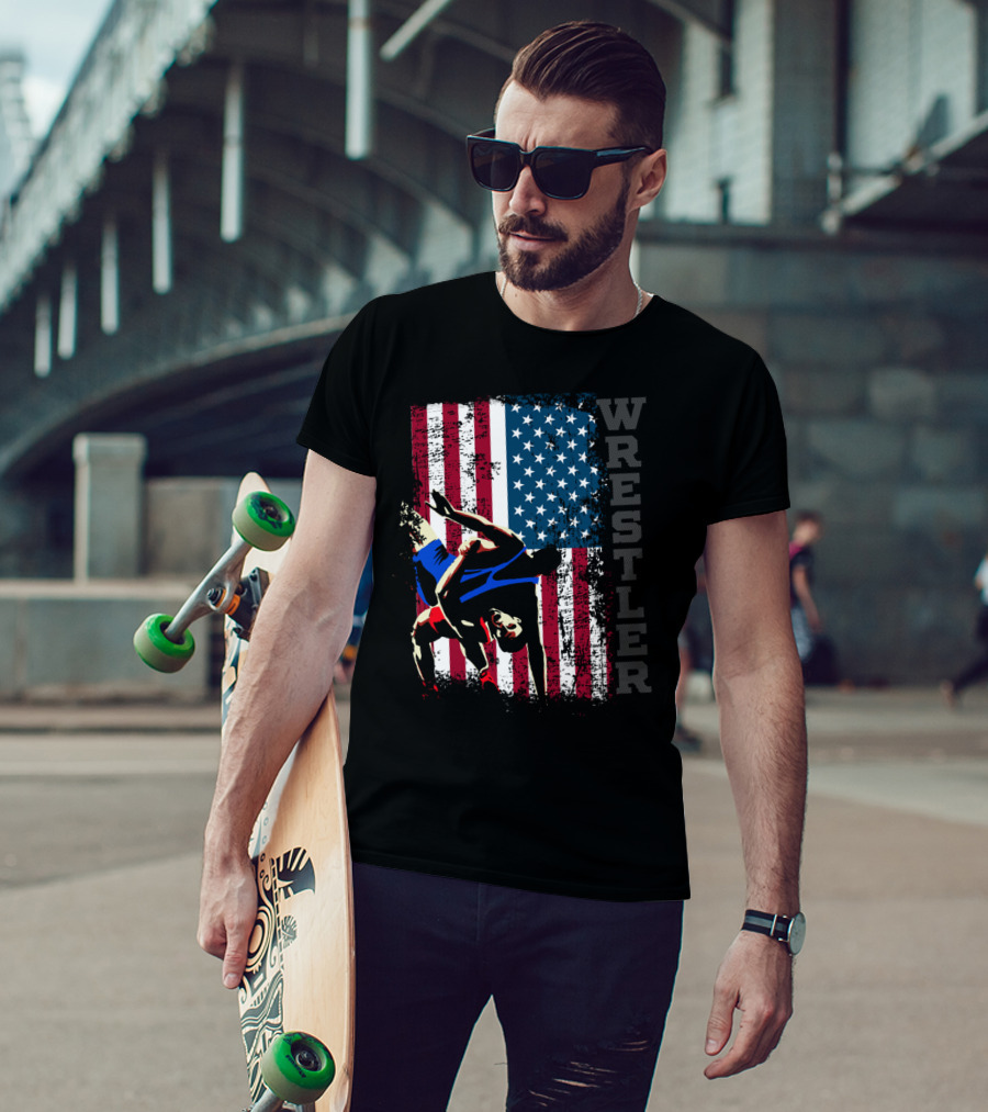 Wrestler Distressed American Flag Wrestling T-Shirt
